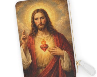 Sacred Heart Clutch Bag | Faux Leather Zip Pouch, Religious Art 6.3” x 4”