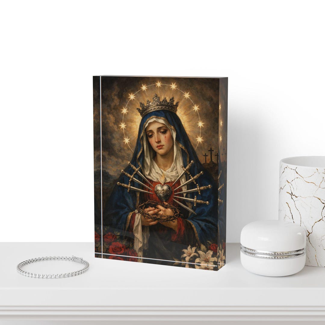 Our Lady of Sorrows Acrylic Photo Block | Catholic Desk Décor With ...