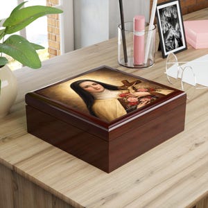 St Therese Lisieux Jewelry Box | Red Mahogany Wood Keepsake | Ceramic Tile Lid (6x6 Inch)