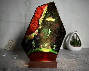 Alien Abduction Resin Lamp: Handmade UFO Night Light, Sci-Fi Decor
