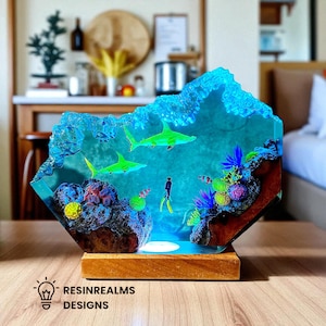 Handmade Ocean Resin Lamp – Scuba Diver and Sharks LED Night Light