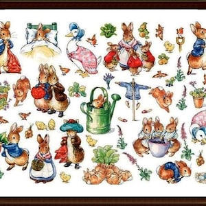 May include: A framed print featuring illustrations of Peter Rabbit and other characters from the Beatrix Potter stories. The artwork includes rabbits, a duck, birds, and garden elements in a colorful, whimsical style. The print is set in a dark brown frame.