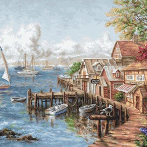 Mariner's Heaven Kreuzstichmuster-Vorlage (PDF) + SAGA Küstenlandschaft mit See, Ferienhaus, Boot, Bucht, Garten und Blumen