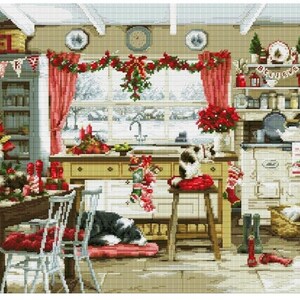 Christmas Farmhouse Kitchen Cross Stitch Pattern Keeper Markup PDF  + SAGA Noel Cottage Snow Winter Pets Lover Red Ornaments Santa Claus