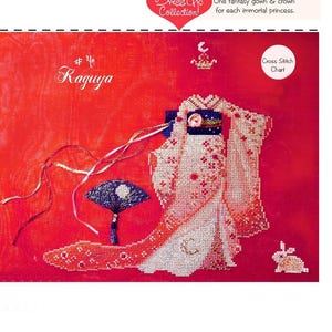 May include: A cross stitch chart titled #4 Kaguya from the Dress Up Collection. The design features a white and red kimono-style gown, a blue fan, a small crown, and a rabbit on a red background. Text includes The Fairy Tale Princess.