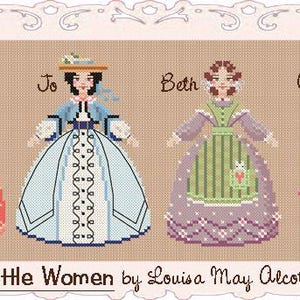 Op de afbeelding: Kruissteekpatroon met vier figuren uit "Little Women" van Louisa May Alcott. Elke figuur draagt een jurk uit die tijd, met de namen Meg, Jo, Beth en Amy erboven. Het ontwerp bevat een decoratieve rand en de tekst "Once Upon a Stitch".