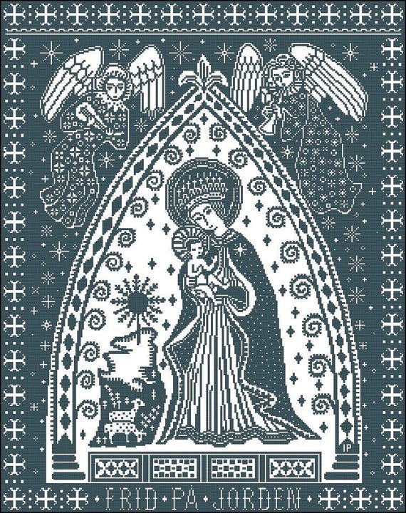 Printable Cross Stitch Digital PDF + SAGA Pattern Keeper Markup Frid Pa Jorden Peace on Earth Madonna Child Monocolore Blue Angels DMC