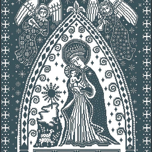 Printable Cross Stitch Digital PDF + SAGA Pattern Keeper Markup Frid Pa Jorden Peace on Earth Madonna Child Single Color Blue Angels DMC