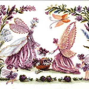 May include: A cross-stitch embroidery pattern featuring two winged figures in long purple dresses standing near a basket of flowers, surrounded by a floral border of purple and green plants, with a small orange butterfly in the upper right corner.