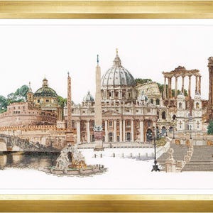 Puede incluir: Una impresión enmarcada de una detallada acuarela de Roma, Italia. La obra representa monumentos emblemáticos como la Basílica de San Pedro, el Foro Romano y el Castel Sant'Angelo, con un marco dorado.