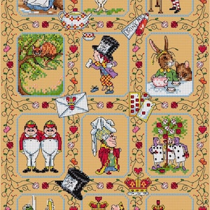 Könnte beinhalten: Ein Kreuzstichmuster mit Charakteren aus Alice im Wunderland, darunter das Weiße Kaninchen, der Hutmacher, die Grinsekatze und die Herzkönigin. Das Design enthält die Schriftzüge eat me und drink me, umrahmt von einer dekorativen Rosenrankenbordüre.
