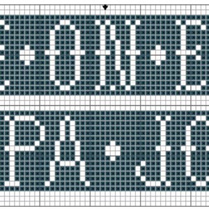 May include: A cross-stitch design featuring the words "PEACE ON EARTH" above "FRID PA JORDEN" in white block letters on a dark teal background. The text is framed by a white border.