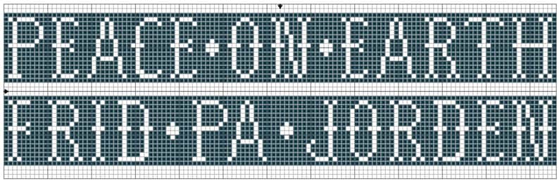 May include: A cross-stitch design featuring the words "PEACE ON EARTH" above "FRID PA JORDEN" in white block letters on a dark teal background. The text is framed by a white border.