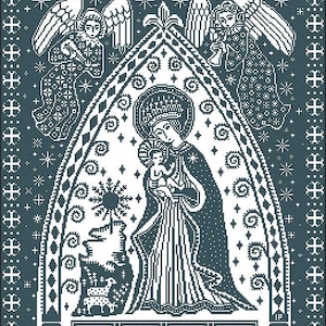 May include: A teal and white cross-stitch design presents a religious image. The central focus is a figure holding a child, enclosed within an arch, accompanied by angels and the text "FRID PA JORDEN" below. The design incorporates stars and decorative borders.