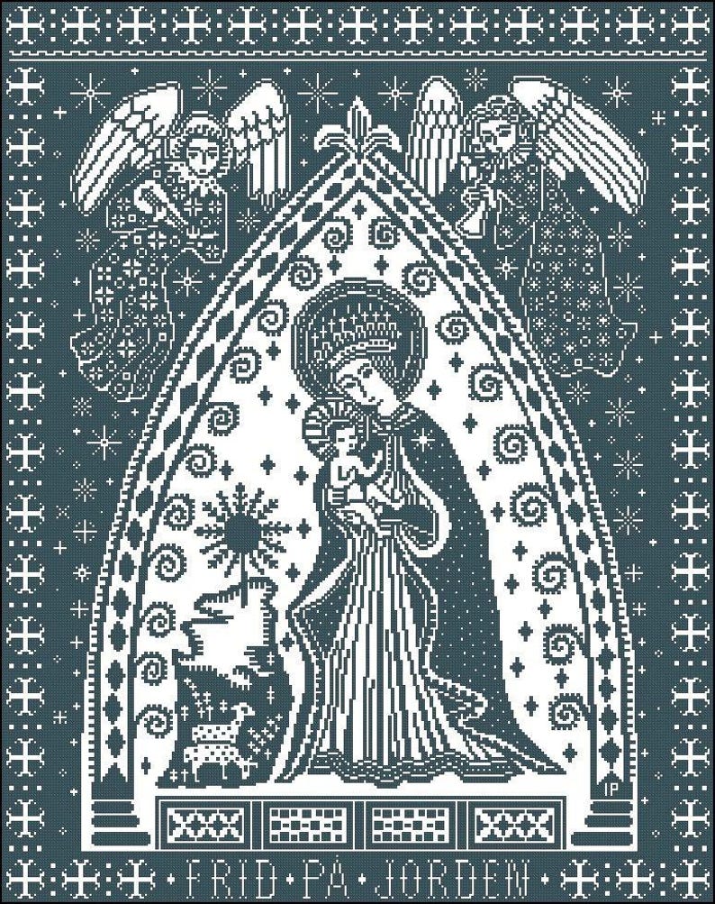 May include: A teal and white cross-stitch design presents a religious image. The central focus is a figure holding a child, enclosed within an arch, accompanied by angels and the text "FRID PA JORDEN" below. The design incorporates stars and decorative borders.