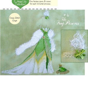 Cross Stitch PDF Frog Princess Tiana Dress Up Fairy Tale Princess Lady Blue Lace Ribbon Flowers Season Spring Needle Vintage Embroidery Dmc