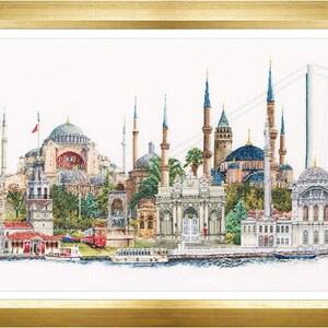 Grand modèle de point de croix numérique imprimable au format PDF + annotations SAGA Pattern Keeper - Istanbul, Turquie, Mosquée Bleue, panorama urbain, capitale européenne, voyage