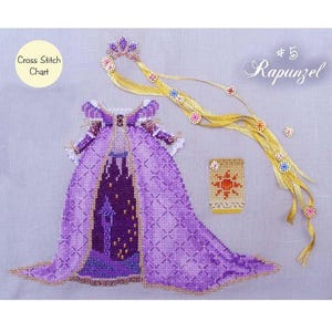 May include: A cross stitch chart featuring a purple dress with a castle design, a golden braid with decorative beads, and a small rectangular image with a sun design. The text "#5 Rapunzel" is also visible.