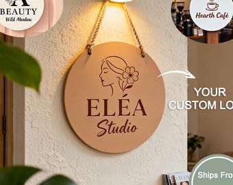 Personalized Round Business Sign – Custom Wooden Hanging Door Sign with Logo for Shop, Salon, Studio or Café – Business Wall Decor
