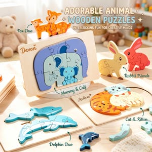 May include: Wooden animal puzzles featuring a fox duo, elephant family, rabbit friends, dolphin duo, and cat & kitten. The puzzles are interlocking and designed for creative minds. The text on the puzzles includes "Devon", "Mommy & Calf", and "Aiden".