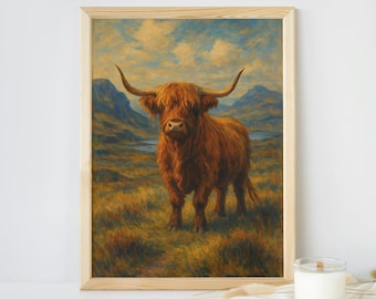 May include: A framed print of a Highland cow standing in a field. The artwork features a brown cow with long horns and shaggy fur, set against a backdrop of rolling hills and a cloudy sky. The frame is made of light-colored wood.