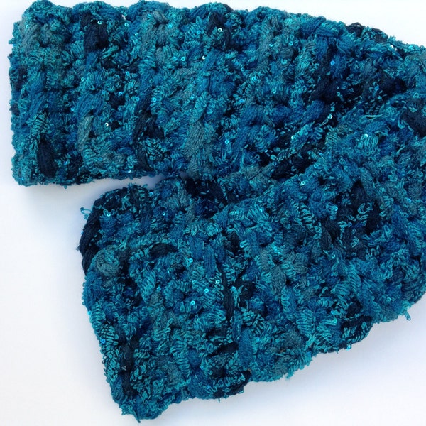 Teal Blue Crochet Scarf with Sequins