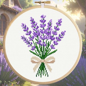 Lavender Cross Stitch Pattern PDF -  Floral Bouquet - Flower Embroidery Pattern - Instant Download