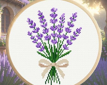 Lavender Bouquet Cross Stitch Pattern – Beginner Friendly Floral Embroidery PDF (Digital Download)