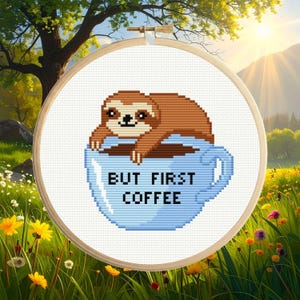 But First Coffee Cross Stitch Pattern PDF - Sloth Beginner Friendly Embroidery - Instant Digital Download
