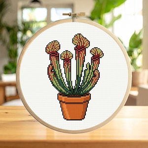 May include: A cross-stitch embroidery of a pitcher plant in a terracotta pot, set in a wooden embroidery hoop. The plant features red, green, and yellow details. The hoop is set on a wooden surface.