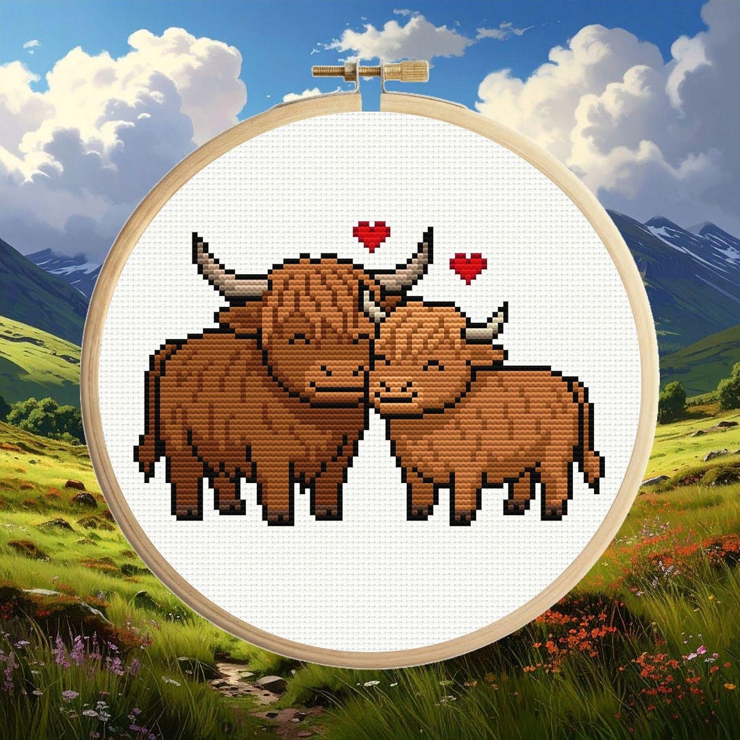 Highland Cow in Love Cross Stitch Pattern PDF – Beginner Friendly ...