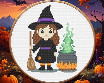 Little Witch Cross Stitch Pattern - Instant PDF Download - Embroidery Pattern