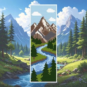 May include: A pixelated landscape scene featuring a mountain range, river, and trees. The artwork is framed with a white border. The mountains are brown and white, the river is blue, and the trees are green. The sky is blue with white clouds.