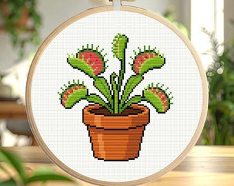 Patrón de punto de cruz en PDF – Atrapamoscas Venus – Planta Dionaea Muscipula en maceta - Descarga instantánea