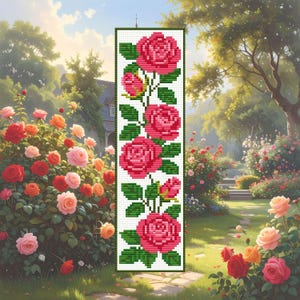 Könnte beinhalten: Ein vertikales Kreuzstichmuster mit leuchtend rosa Rosen und grünen Blättern auf weißem Hintergrund. Das Blumenmuster vor dem Hintergrund eines üppigen Gartens mit blühenden Rosenbüschen unter einem hellen Himmel.