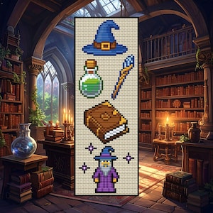 May include: A vertical cross-stitch pattern on a cream fabric background featuring a blue wizard hat, a green potion bottle, a wooden staff, a brown leather-bound book, and a small purple-robed wizard figure surrounded by four small purple stars.