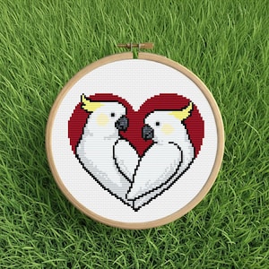 Cross Stitch Pattern PDF – Love Birds Cockatoos – Parrot Heart Design - Beginner Friendly Embroidery