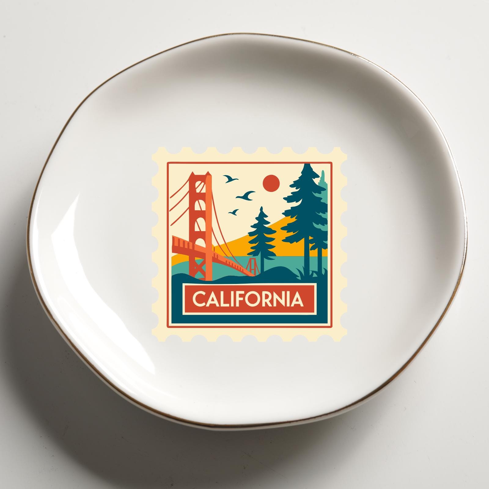 California Stamp Ring Dish, US States Trinket Dish, California Accessories, California Decor, Ceramic Jewelry Holder, California Ring Dish