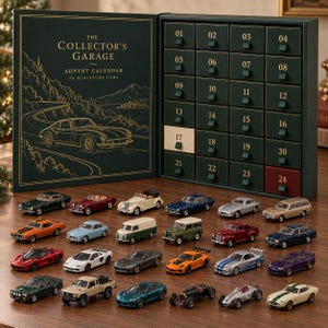 以下が含まれることがあります： 「The Collector's Garage」と記されたダークグリーンのアドベントカレンダー。24個の引き出しがあり、スポーツカーと山の金色のイラストが描かれています。箱の前には24台のミニチュアカーが並べられています。