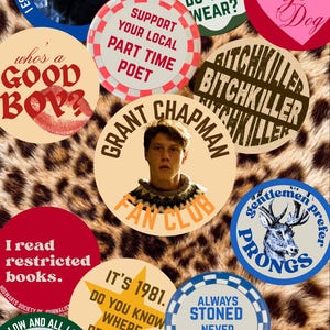 May include: A collection of colorful, circular stickers with various text and graphic designs. Some stickers feature phrases like "Support Your Local Part Time Poet" and "Always Stoned Never Straight." The background has a leopard print pattern.