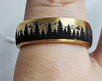 Fir Tree Forest and Mountain Range Domed Brushed Wedding Ring – Pine Tree Forest Mountains Mens Wedding Band – Nature Tungsten Ring - 8mm