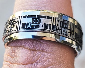 Engraved R2D2 Ring, Inspired Droid Pattern Ring, Silver Tungsten Spinner Band, Stawr Wars Engraved Ring for Men & Women - 8mm