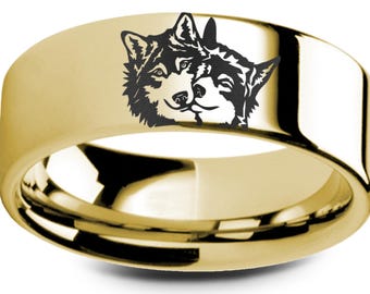 18k Gold Plated  Tungsten Ring with Wolf Couple Engraving – Animal Spirit Wedding Band, Durable Tungsten Carbide Jewelry - 8mm Wide