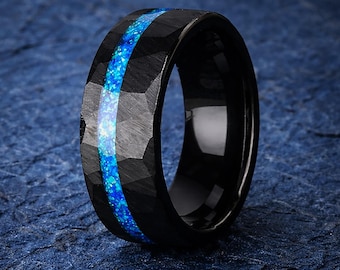 Black Tungsten Wedding Band with Blue Opal Inlay | Hammered Mens Ring | 8mm Modern Opal Wedding Band | Luxury Mens Offset Inlay Ring - 8mm