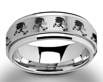 Engraved Sonic the Hedgehog Ring – Silver Tungsten Spinner Ring