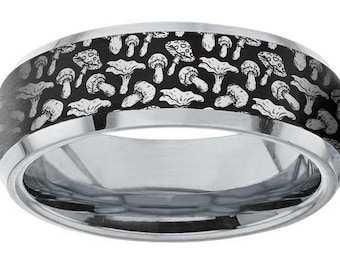 Engraved Mushroom Ring, Mushroom Wedding Ring, Mushroom Promise Ring, Mushroom Pattern Ring, Mushroom Tungsten Carbide Ring - 8mm Wide