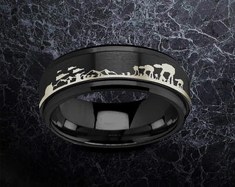 Galactic Battle Scene Ring, Hoth Battle Scene Ring, Battle Hoth Ring, Black Tungsten Spinner Ring,  Battle Promise Ring 8mm