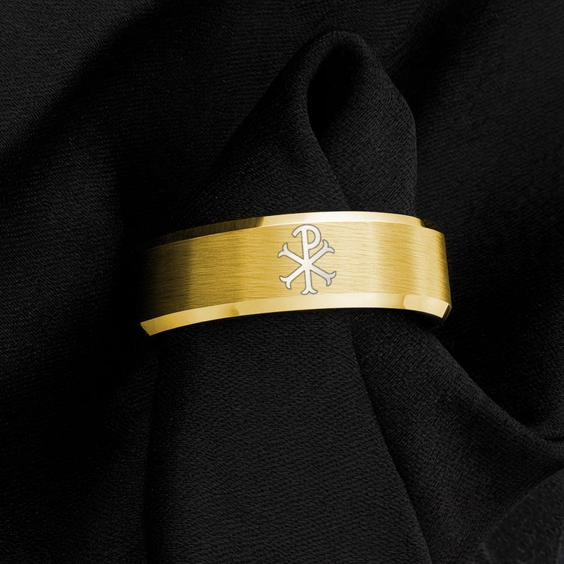 Chi Rho Wedding 18k Gold Plated Tungsten Ring With Chi Rho Engraving – Christian ...