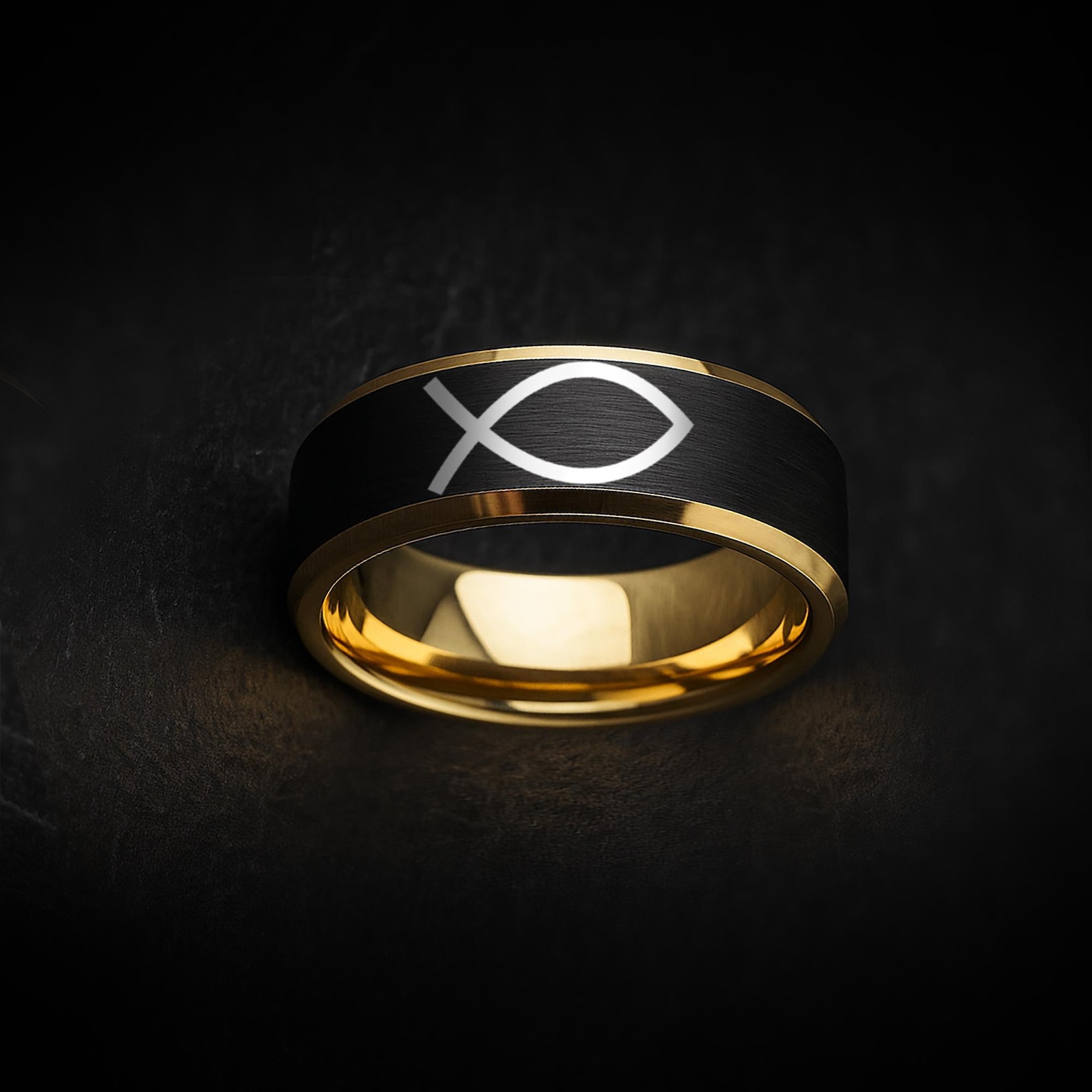 Black Tungsten Ring With Ichthys Jesus Fish Engraving – Christian