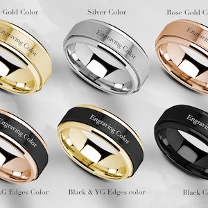 May include: Six rings in different colours: yellow gold, silver, and rose gold, plus black with rose gold edges, black with yellow gold edges, and solid black. Each ring has the text "Engraving Color".
